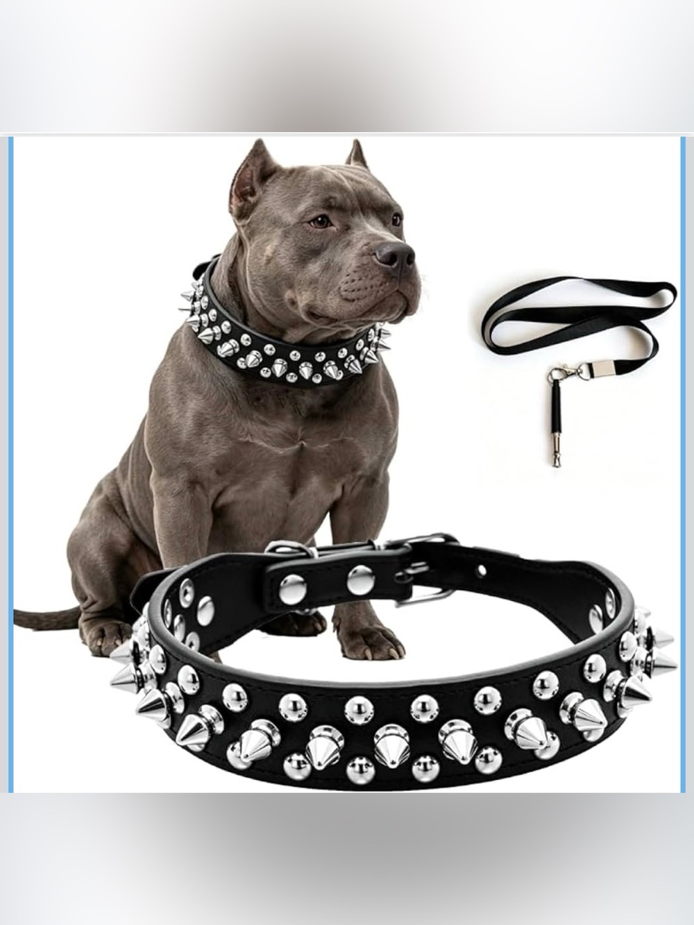 Black Spiked Dog Collar, Leather Collar for Medium & Large Dogs with Whistle，Bla